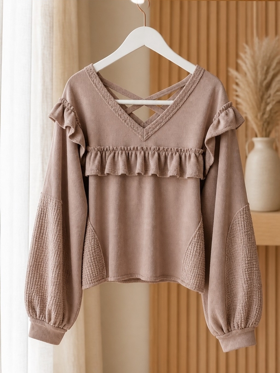 POL Sweaters - POL Crisscross Ruffle V-Neck Sweater Top - Taupe